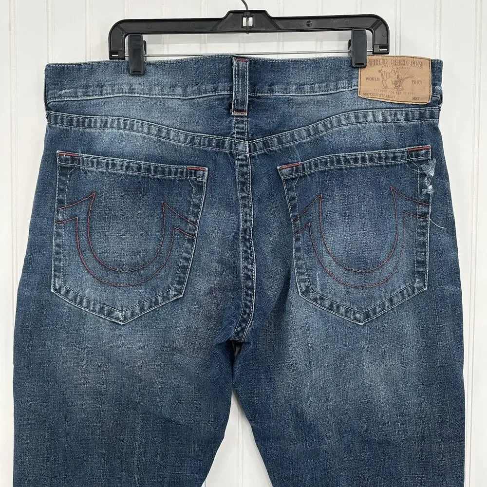 True Religion Jeans Mens 40x34 Section Straight Leg Blue Denim Distressed *Flaw